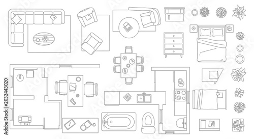 Top down view of a house floor plan with furniture layout.