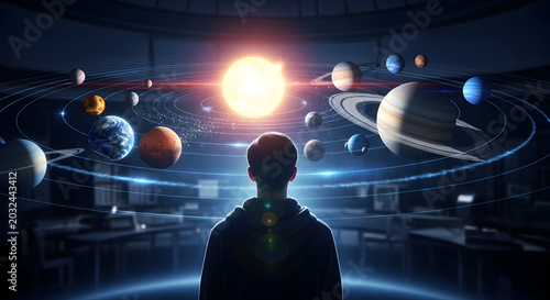 Young Person Observing the Solar System with Floating Planets and Celestial Bodies in a Darkened Space Exploration Environment during an Imaginative Learning Experience