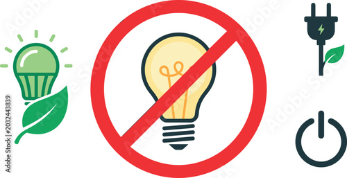 Photos Energy Saving Vector Icon Set with Prohibited Incandescent Light Bulb Forbidden