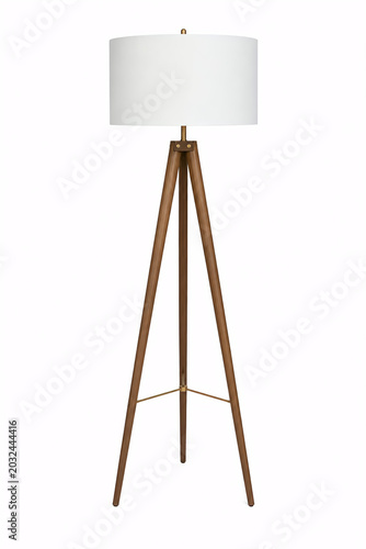 modern tripod floor lamp with a wooden base and white shade