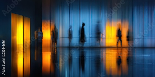 Blurred figures walk through a modern space with warm, cool lighting and reflections