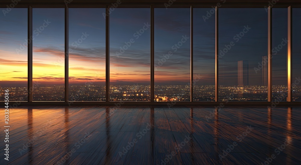 Fototapeta premium Expansive cityscape view from a high-rise office at sunset, reflecting on wooden floor