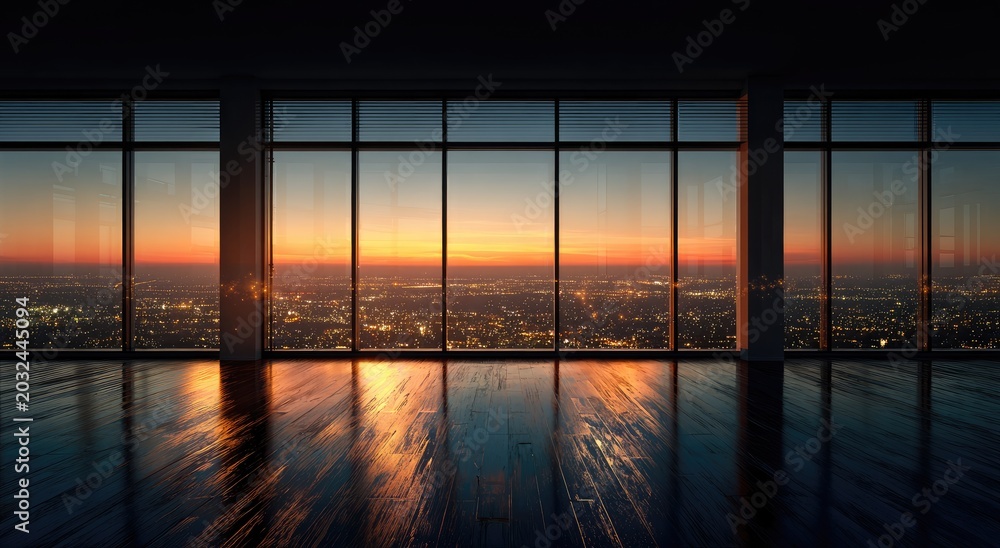 Fototapeta premium Spacious room with vast windows overlooking a city at sunset