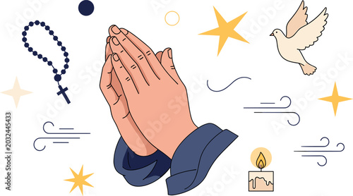 Foto Christian Praying Hands Vector Illustration Featuring Holy Rosary Beads Flying P