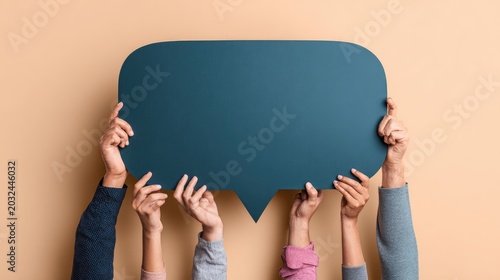 Diverse hands hold up a large blue speech bubble, conveying ideas