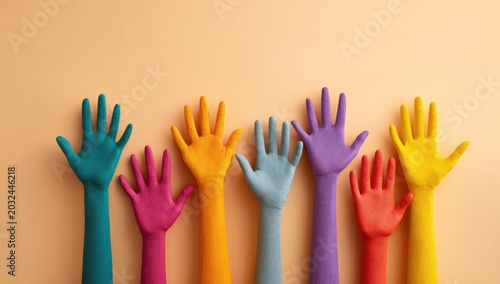Diverse hands raised, painted in vibrant colors, symbolize unity & inclusion