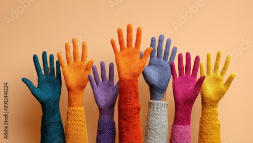 Many colorful hands are raised against a light peach background