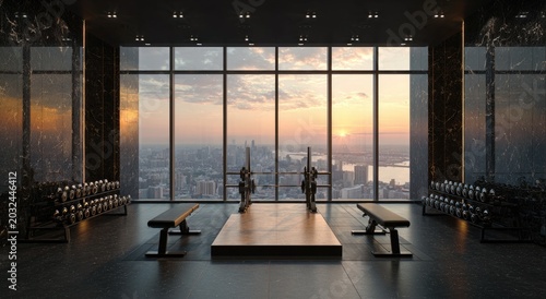 Luxury gym with panoramic city view at sunset