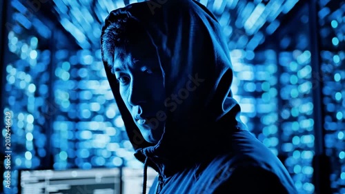 A hooded figure stands in a dimly lit room filled with computer screens and blue lights