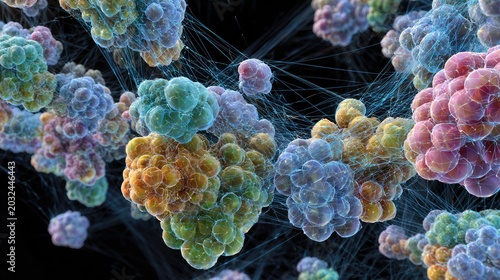 Colorful, clustered cellular structures interconnected by delicate threads