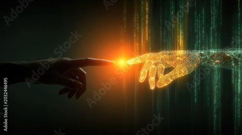 A human finger touches a glowing, digital hand, bridging worlds