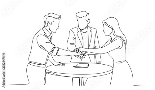 One continuous line business team meeting illustration with people sitting at desks working on laptops  minimalist line art teamwork concept.