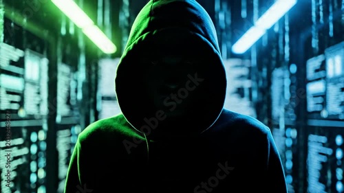 A hooded figure stands in a dimly lit server room with neon lights