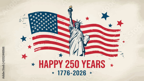 American patriotic illustration with statue of liberty and usa flag for 250th anniversary