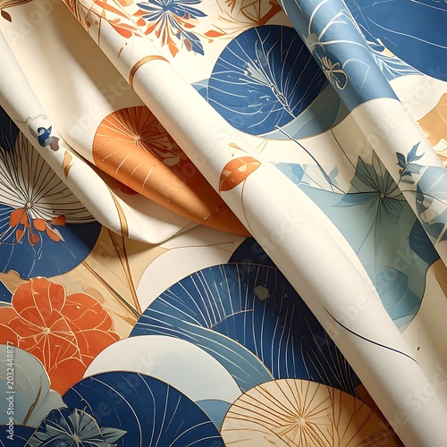 A vibrant fabric with a floral pattern in shades of blue, orange, and white
