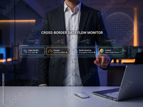 Business executive monitoring global network operations with digital interface showing cross border data flow statistics analytics for international connectivity in modern office workstation.