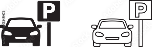 Photos Car parking icon line art and black silhouette symbol.
