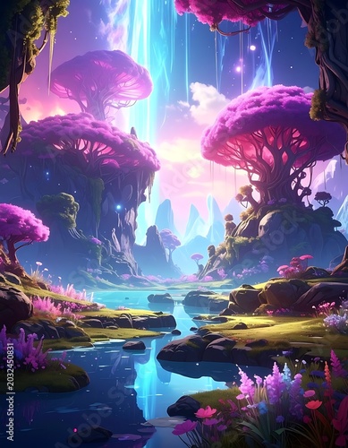 A vibrant fantasy landscape with a river, purple trees, and a bright waterfall