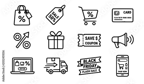 Canvastavla Black Friday line icon set with shopping sale and discount symbols editable stro