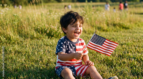 Flag Day patriotic Middle Eastern toddler boy waving American flag in stars stripes outfit laughing on grass for summer celebration greeting cards and promotional materials