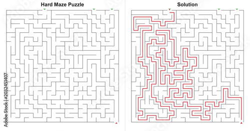 Bild auf Leinwand Difficult grid maze game with several starting points and solved route in vector