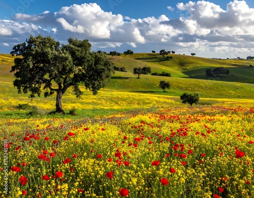 A vibrant field of red and yellow flowers under a blue sky