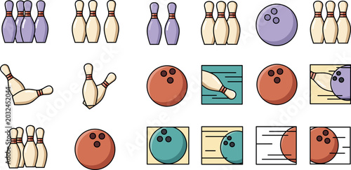 Fotografija Modern Bowling Icon and Logo Set Featuring Flat Line Art Pins, Colorful Bowling