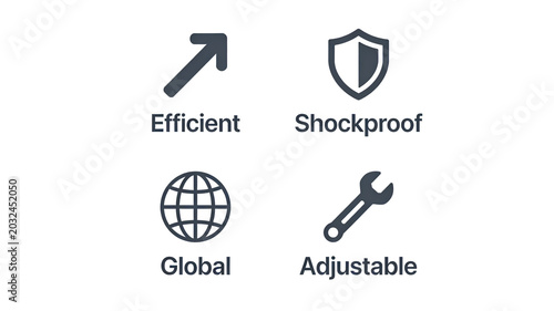The efficiency arrow, shockproof shield, global earth and adjustable wrench icon represent the practical characteristics of the product, suitable for tool equipment and industrial supplies.
