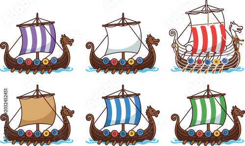 Tableau sur toile Viking Longship Ship Vector Set with Dragon Head Prow Striped Sails Oars and Rou
