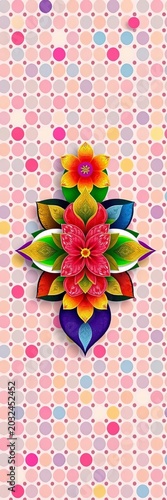 Vibrant geometric design featuring interlocking flowers, hearts, and circles on a colorful dot background, playful, joyful