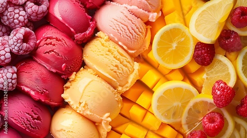 Colorful ice cream scoops with fruit garnish, gradient arrangement, vibrant flavors and gourmet dessert presentation