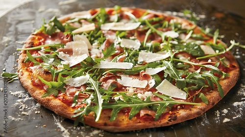 Freshly baked pizza with prosciutto, arugula, Parmesan shavings, thin crust, gourmet Italian style and rustic presentation