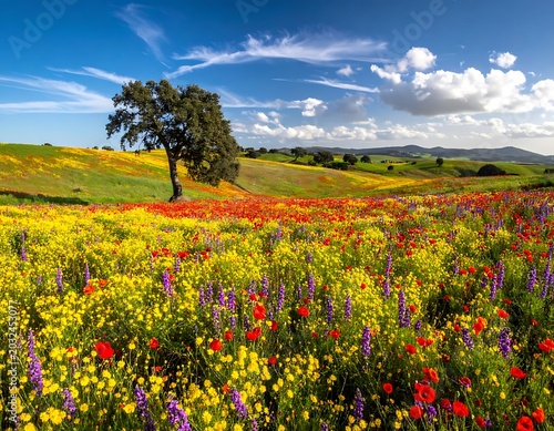 A vibrant field of wildflowers under a blue sky