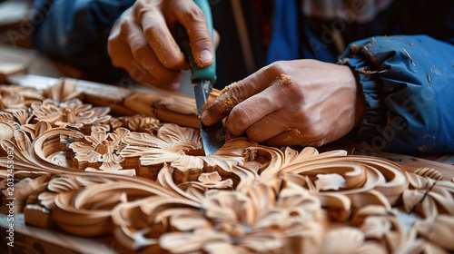 Close‑up woodcarving of floral patterns, artisan knife work, intricate craftsmanship and traditional decorative design
