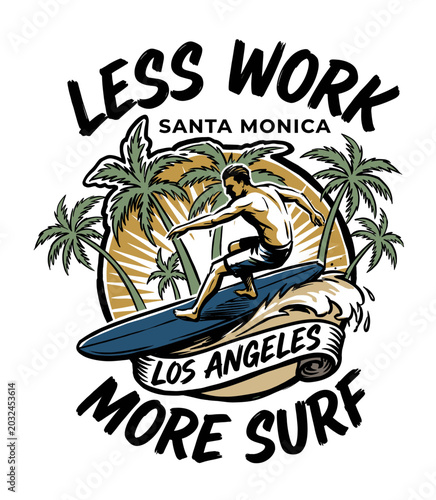 Canvas Print Vintage California surfing graphic featuring a male surfer on a blue board catching a wave under a golden sun with palm trees, including Less Work More Surf text on a white background