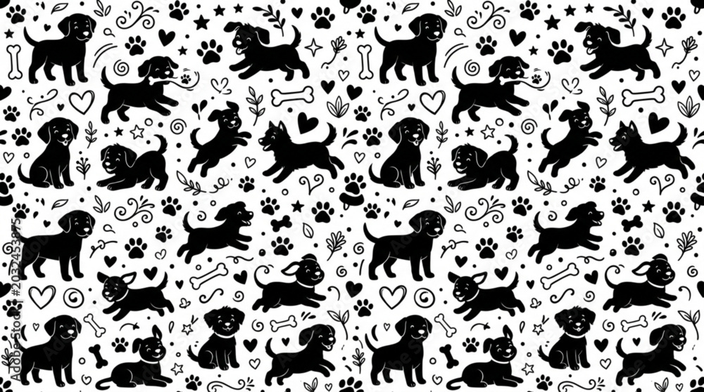 Fototapeta premium Seamless cartoon pattern with cat and dog silhouettes hearts and cute animal icons vector illustration
