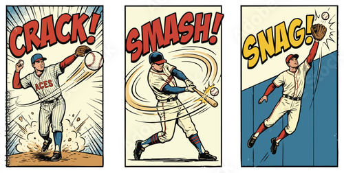 Canvas Print Vintage comic style baseball scenes with dynamic action words