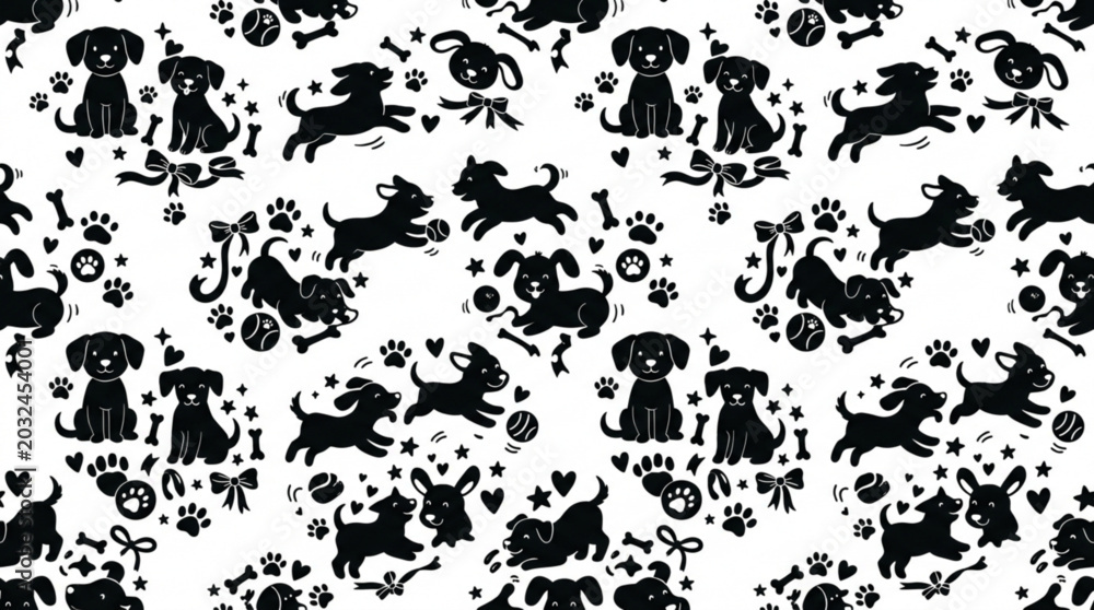 Obraz premium Seamless vector pattern with cats and dogs in floral decorative wallpaper style with butterflies leaves and nature elements