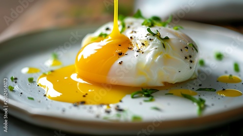 Poached egg with broken yolk flowing, herbs garnish, pepper sprinkle, gourmet breakfast and elegant brunch presentation