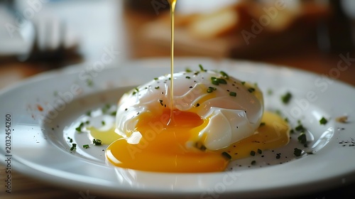Poached egg with broken yolk flowing, herbs garnish, glossy sauce, gourmet breakfast and brunch presentation