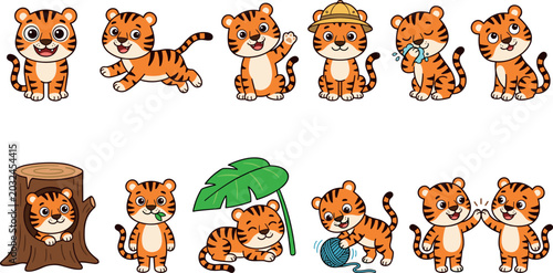 Billede på lærred Cute Tiger Cub Cartoon Character Vector Set Featuring Diverse Playful Poses, Saf