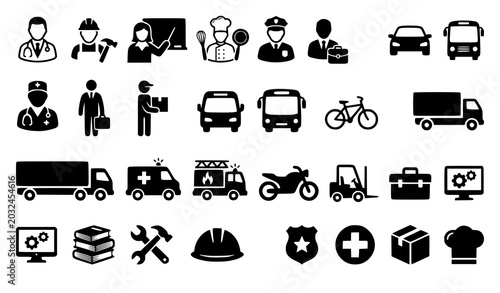 Fotografía Minimalist People Vehicles and Profession Silhouette Vector Icon Set