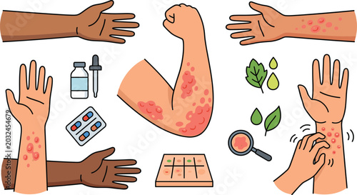Foto Skin Allergy Rash and Dermatitis Treatment Vector Icon Set with Itchy Psoriasis