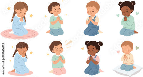 Bild auf Leinwand Cute Cartoon Praying Kids Character Set with Diverse Children Kneeling and Medit