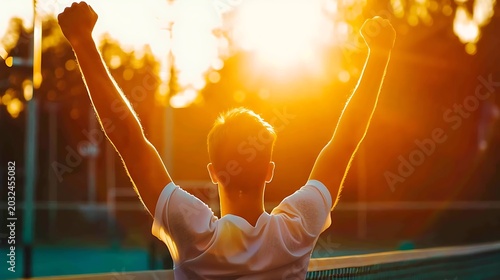 Person raising arms in triumph at sunset, glowing light, outdoor celebration, energy and symbolic achievement