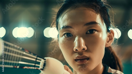 Badminton player holding racket and shuttlecock, indoor arena lights, athletic focus, competitive sport and dynamic portrait