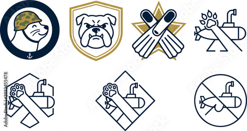 Photos Minimalist Military Navy Seal and Bulldog Logo Icon Set Featuring Submarine Flip