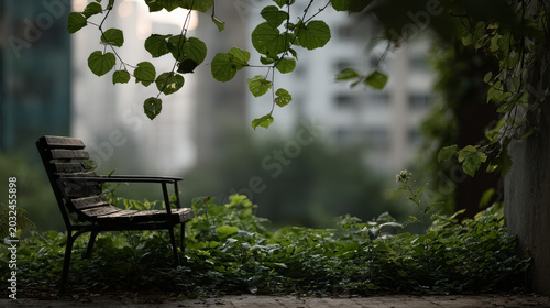 Long distance telephoto shot of integrated smart compost bench in a green urban city plaza