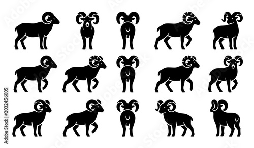 Schilderij op canvas Stylized geometric ram silhouette icon set, male sheep vector collection in dyna
