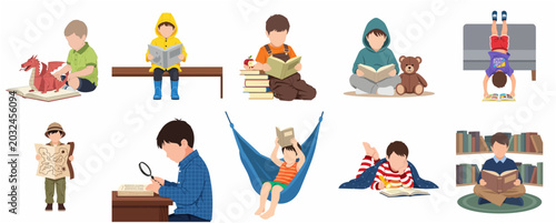 Collection of diverse flat vector illustrations of young boys reading books, exploring stories, and learning in various creative settings.